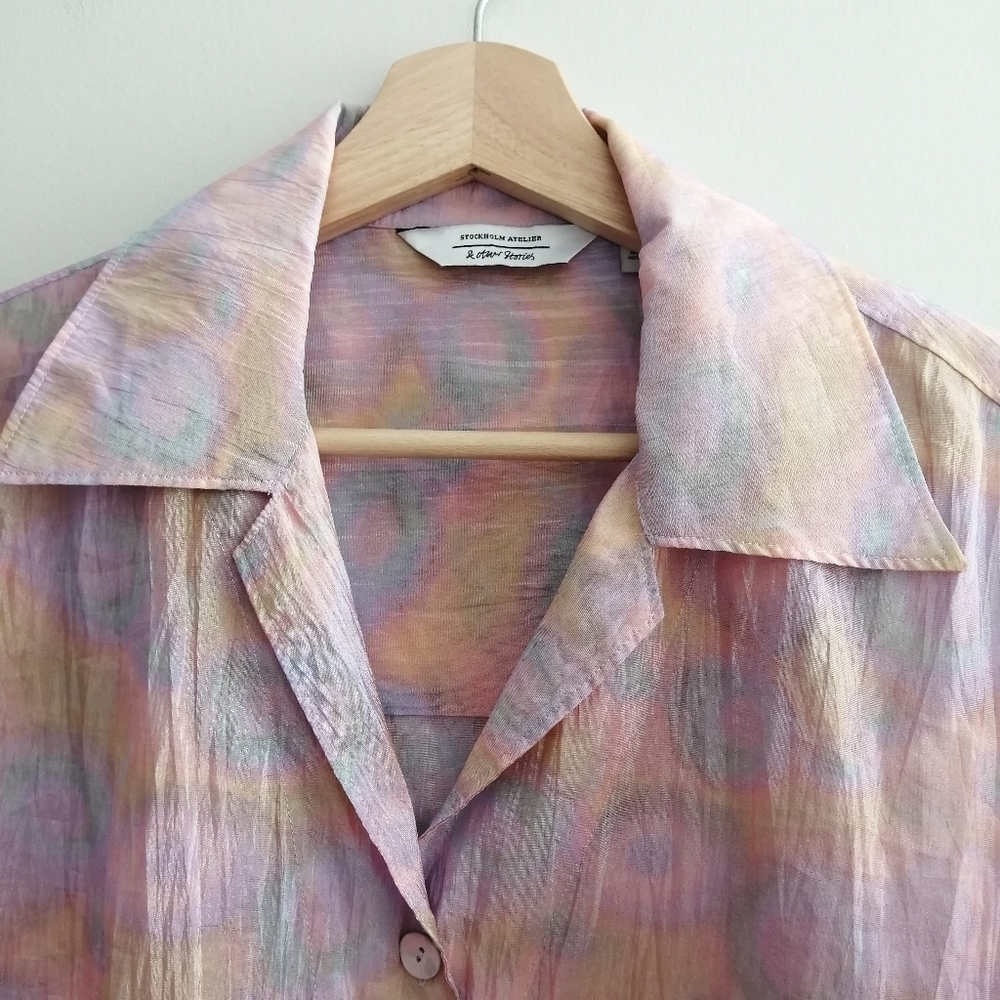 & Other Stories Boxy Short Sleeve Button Blouse Crinkle Pink Orange Blue Size 4 - Picture 6 of 14
